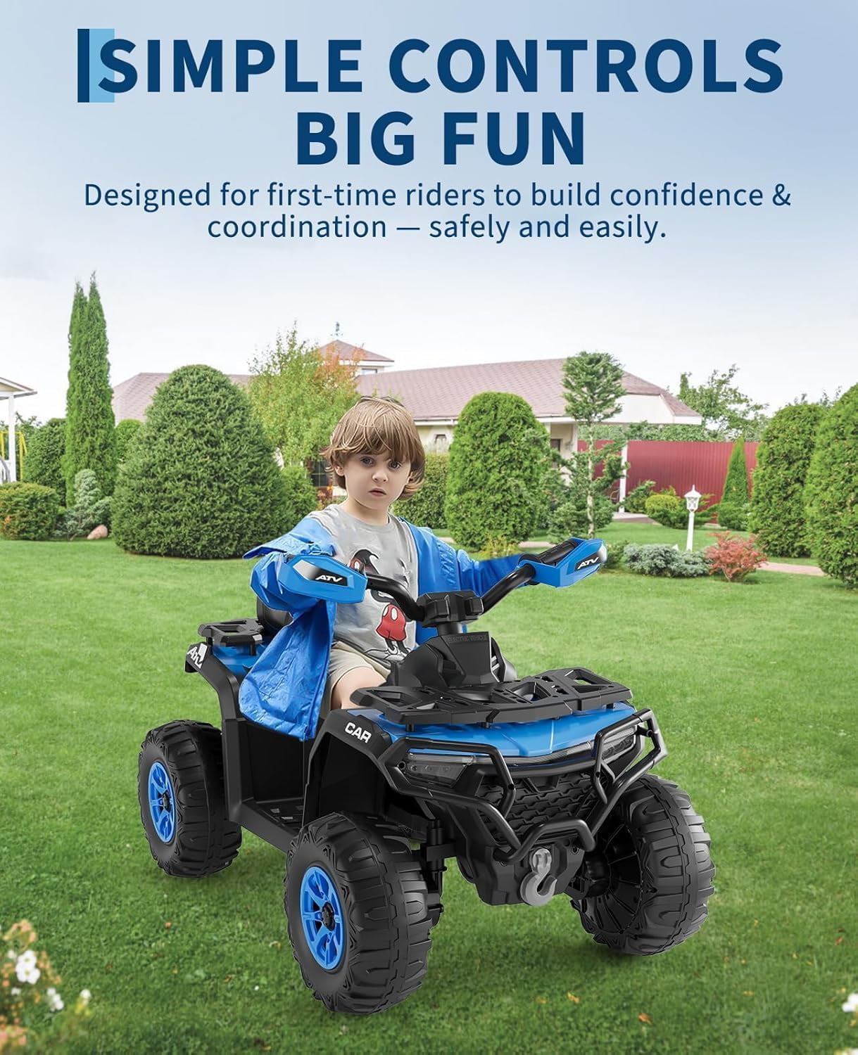 Rugerasy 12V 4 Wheeler ATV,Ride on Eletric Motorcycle, 2-Seater Electric Vehicle Toy Car with High&Low Speed, Music, Led Lights for 3-8 Years,Blue