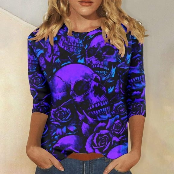 Fznquz Trendy Womens Tee Shirts Halloween 3/4 Sleeve Tops V Neck Casual 2025 Plus Size Women Clothing,L
