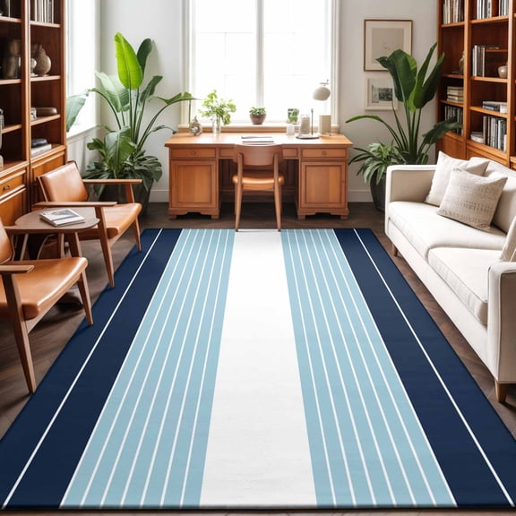 Area Rugs 5'x7', Navy Blue Aqua Stripe Carpet Runner Indoor Outdoor Rugs Home Decor Aesthetic, Modern Art Horizontal Striped Non Slip Mats Washable Accent Rug for Living Room Bedroom