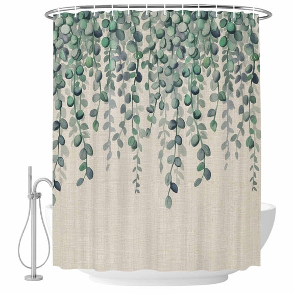 Polyester Fabric Teal Green Eucalyptus Leaves Shower Curtain, Spring Plants Country Beige Waterproof Bathtub Curtain Bathroom Decor Set with Hooks 36 x 72 Inches