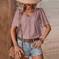 thumbnail image 2 of Blusa holgada de verano para mujer con escote en V, ojales y detalle de botones, mangas cortas, rosa, talla L, 2 of 6