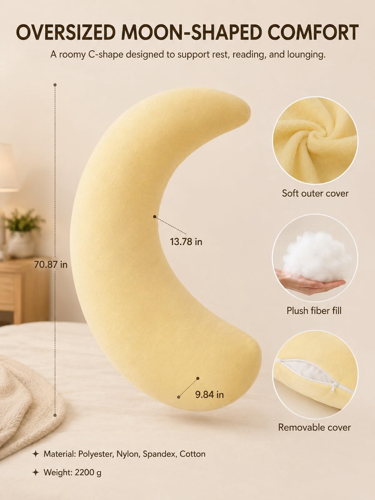 Moon Spoon Body Pillow, Crescent Moon Body Pillow, Oversized Supportive Moon Shaped Pillow