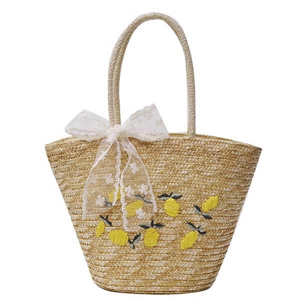 Bolso de Paja Btafrte Verano con Bordado Limón Compras Femenino Cierre