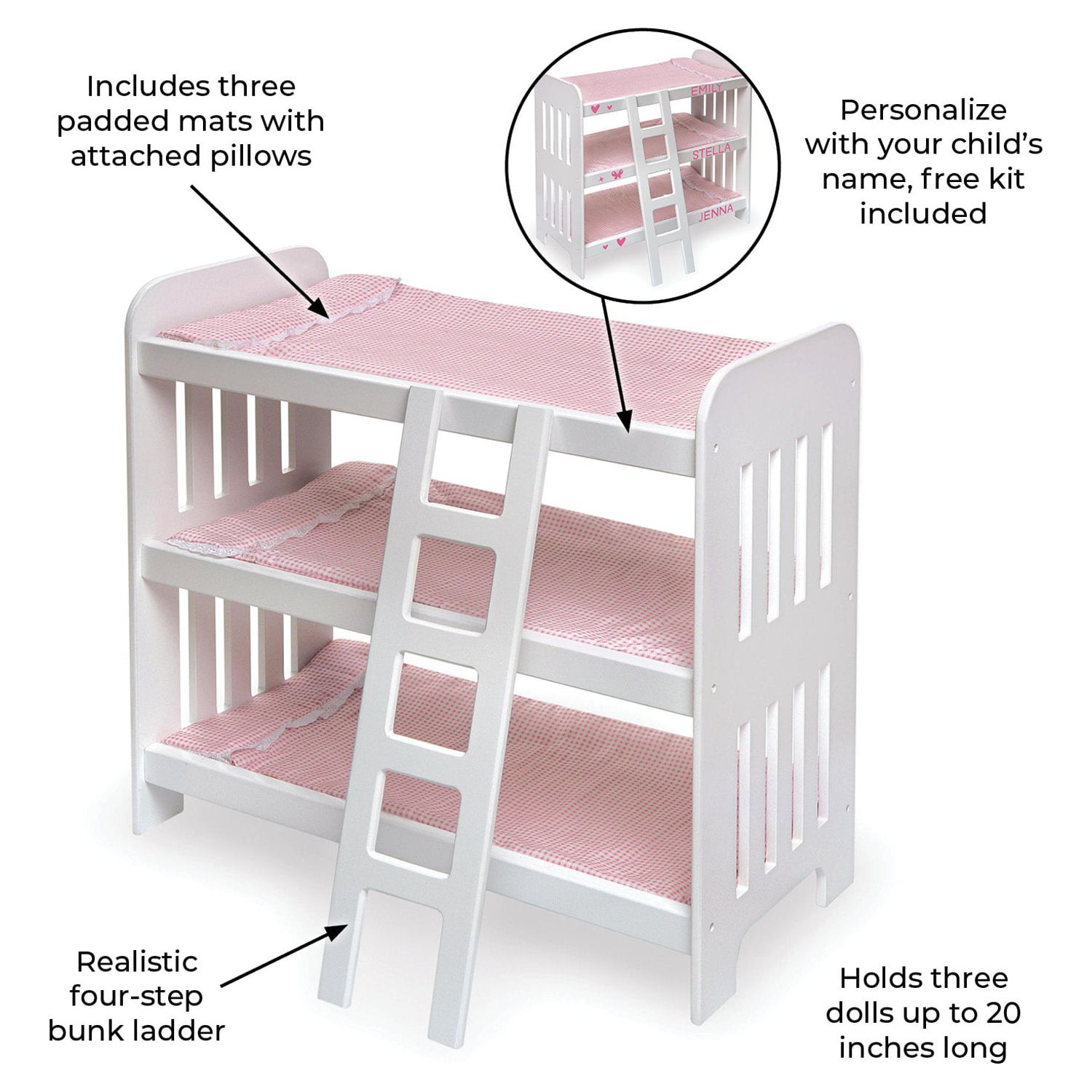 Badger Basket Triple Doll Bunk Bed with Ladder, Bedding, and Free Personalization Kit - Pink Gingham - image 4 of 12