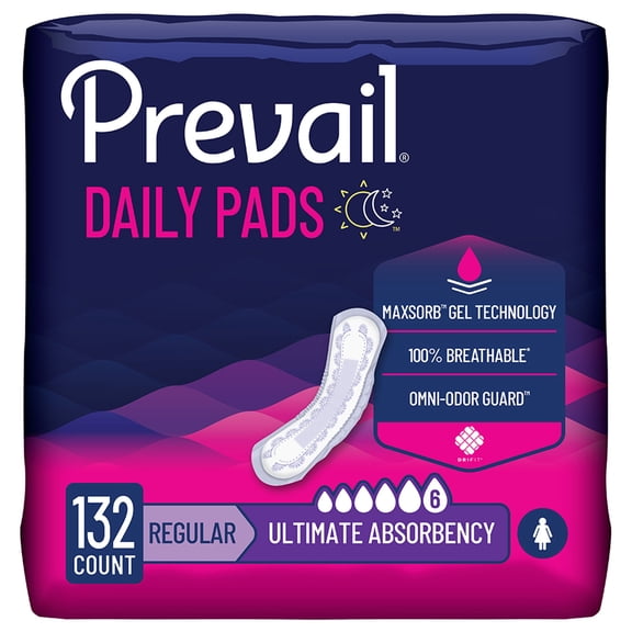 Prevail Daily Pads for Bladder Leaks, Disposable, Ultimate Absorbency, Regular, 33 Count, 4 Packs, 132 Total