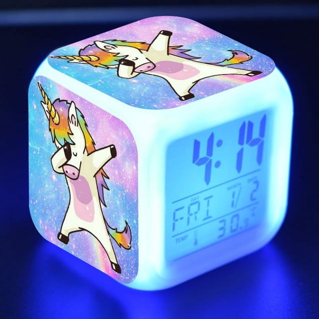 Reloj despertador pequeño con diseño de unicornio, con luz LED de colores y cambio de color