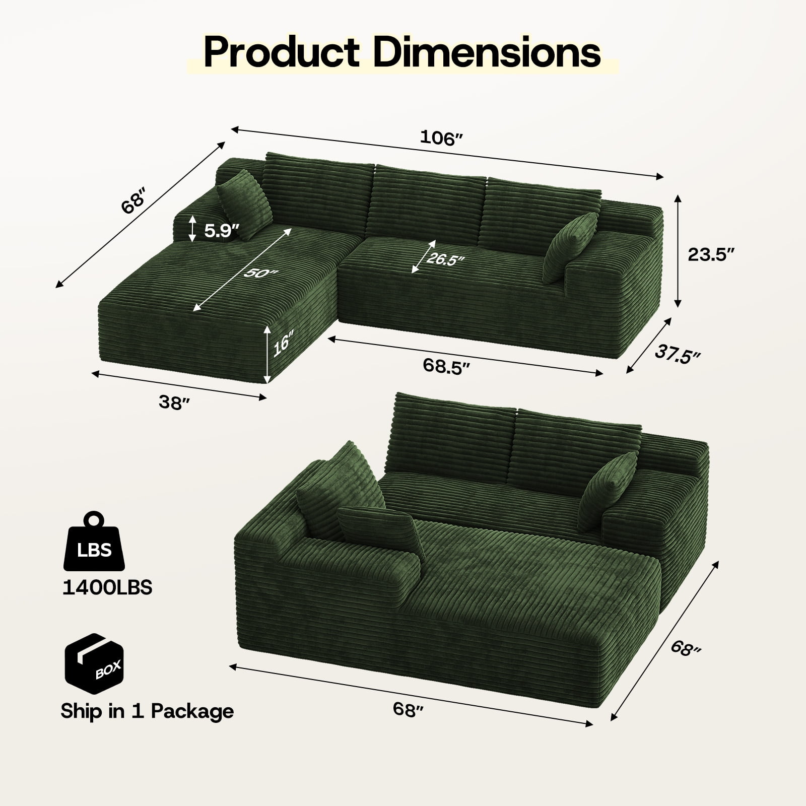 Patbrela 106" Sectional Sofa for Living Room, L-Shaped Modular Sectional Couches with Deep Seat, Corduroy Cloud Oversized Boneless Sofa No Assembly, Green