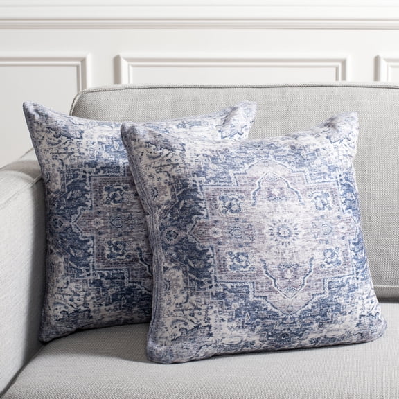 Safavieh Zeru 18" x 18" Mid-Century Chenille Decorative Pillows, Blue/Beige (Set of 2)