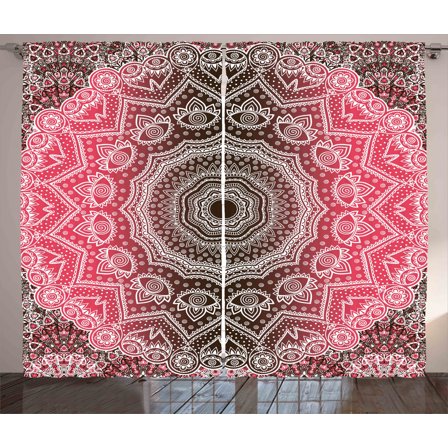 Ambesonne Mandala Curtains 2 Panel Set, Retro Bohemian Ombre, 108" x 90", Hot Pink and Brown
