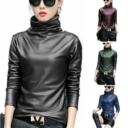 Sexy Women Pu Leather Blouse Turtleneck Long Sleeve Faux leather Wet Look Strechy T-shirt High neck Ladies Tops Plus