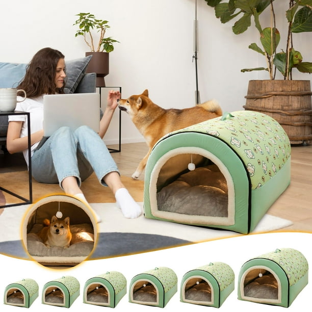Cama Cálida Para Perros Caseta de interior para perros de 1 pieza con alfombrilla extraíble y lavable y base antideslizante para gatos y perros pequeños (verde,L) Rkxzt