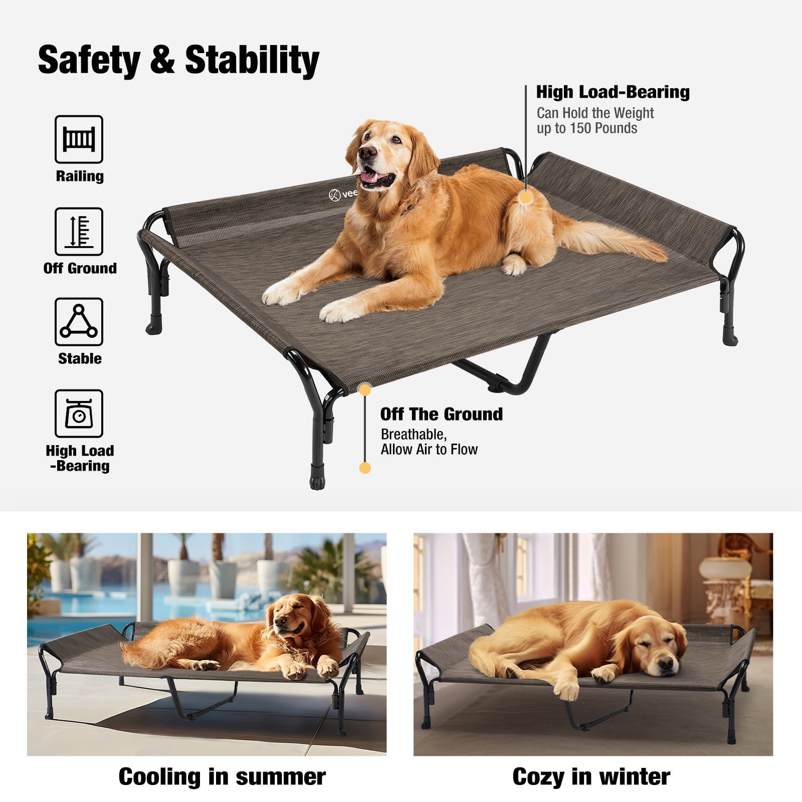 Veehoo Cooling Elevated Dog Bed with Guardrail & Slope Headrest, Teslin Mesh, X Large, Brown