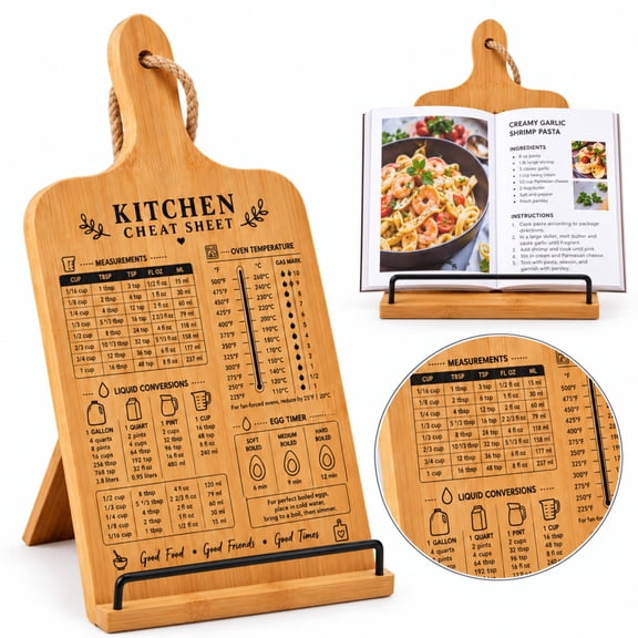 Wooden Cookbook Stand for Kitchen, Cookbook Holder with Measurement Conversion Chart, Adjustable Recipe Book Holder for Cookbooks,Kitchen Counter Decor, Essential Gift for Baking & Cooking Lovers