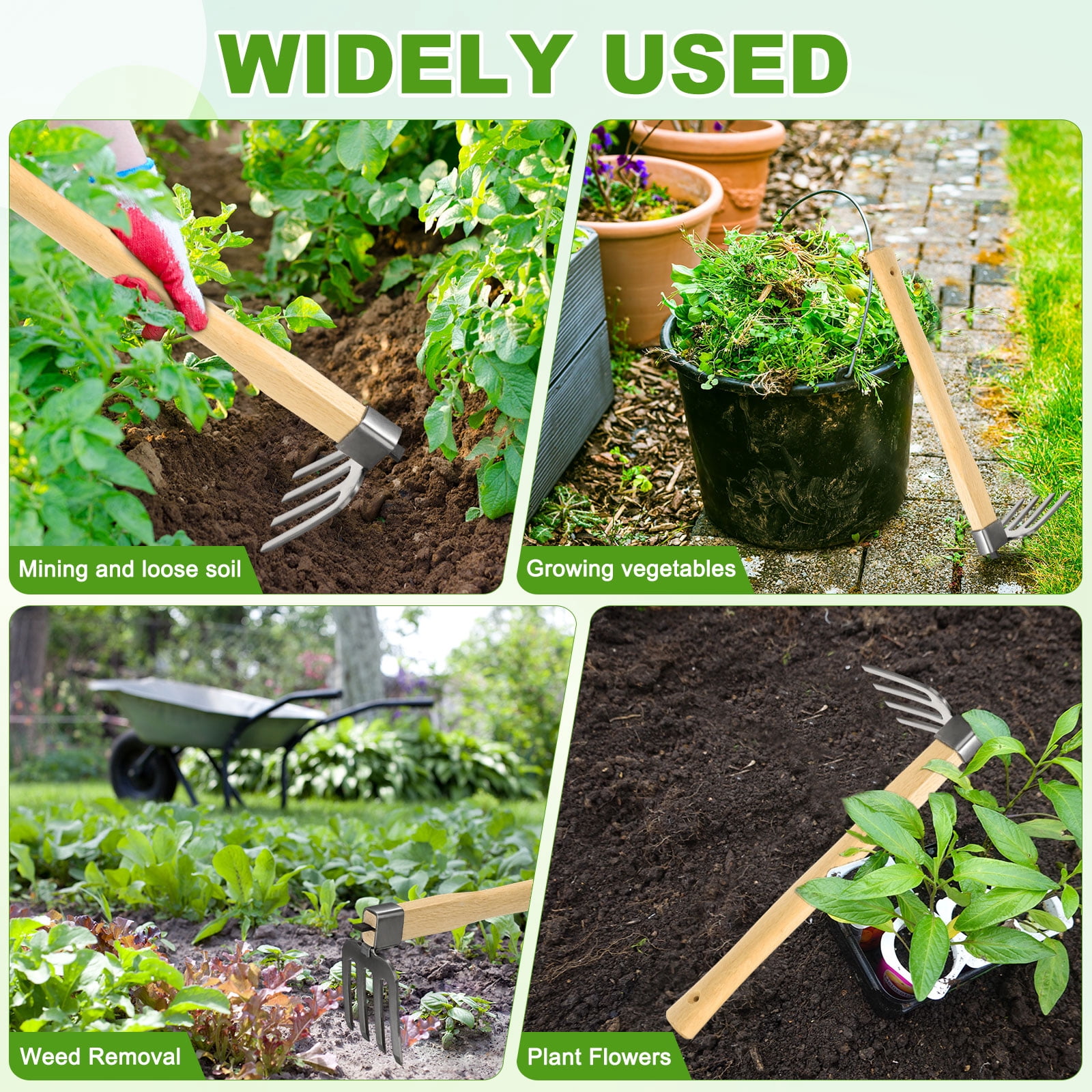 Unique Bargains Japanese Hand Tiller/Rake for Garden, 15 Inches Stainless Steel Cultivator  with Garden Hoe for Digging, Weeding, and Planting, Gardening Tool with Wooden Handle