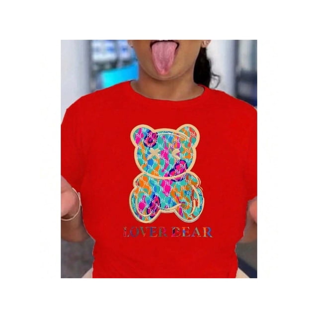 Playera Blusa Casual Con Impresion De Oso Multicolor Para Mujer Color Rojo Talla Chica Marca Emil SaEs