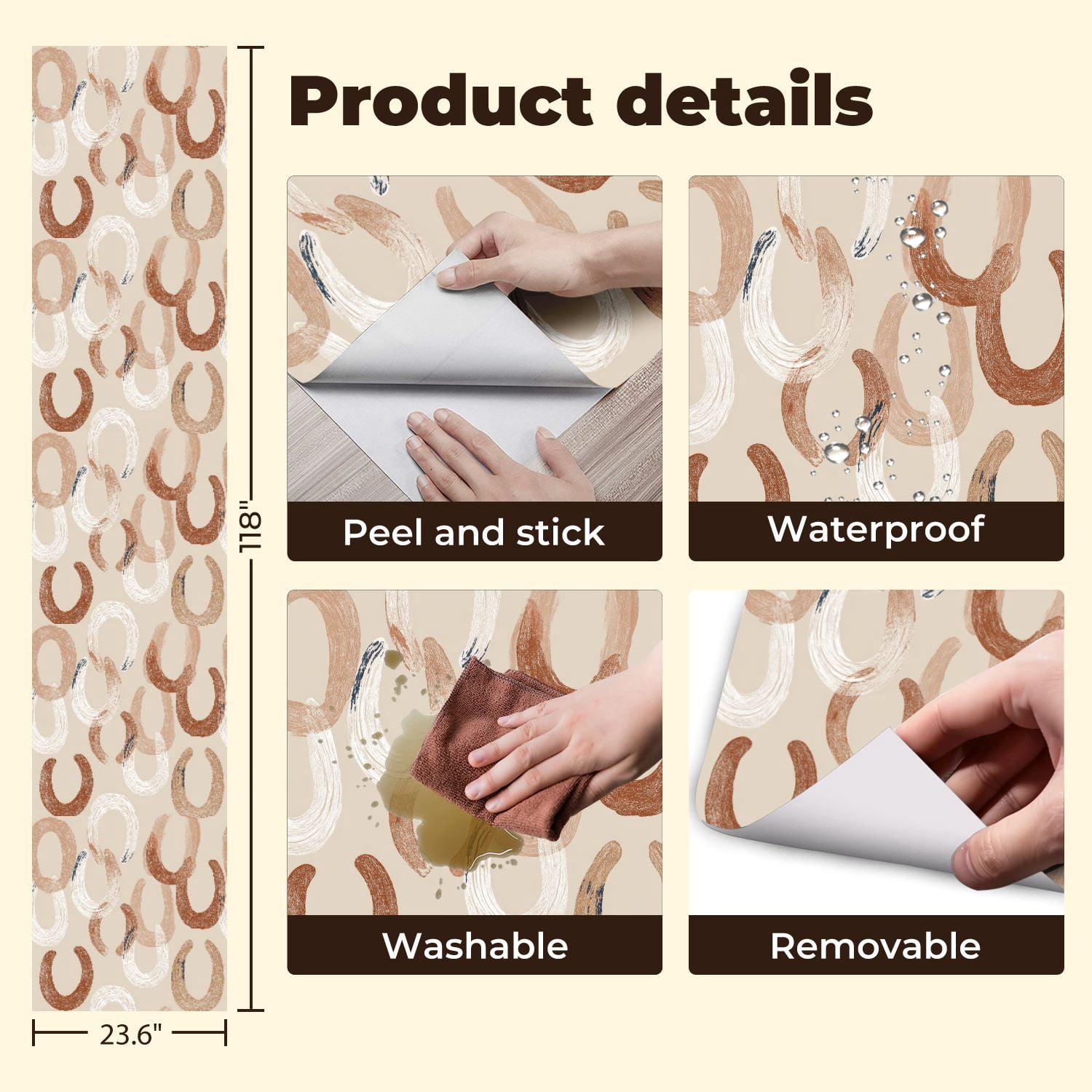 Peel and Stick Wallpaper Abstract Neutral Brushstroke Beige Brown White Tones Wall Mural 23.6in x 9.8ft Self Adhesive Removable Wall Paper Renter Friendly Wallpaper for Bedroom Nursery Living Room