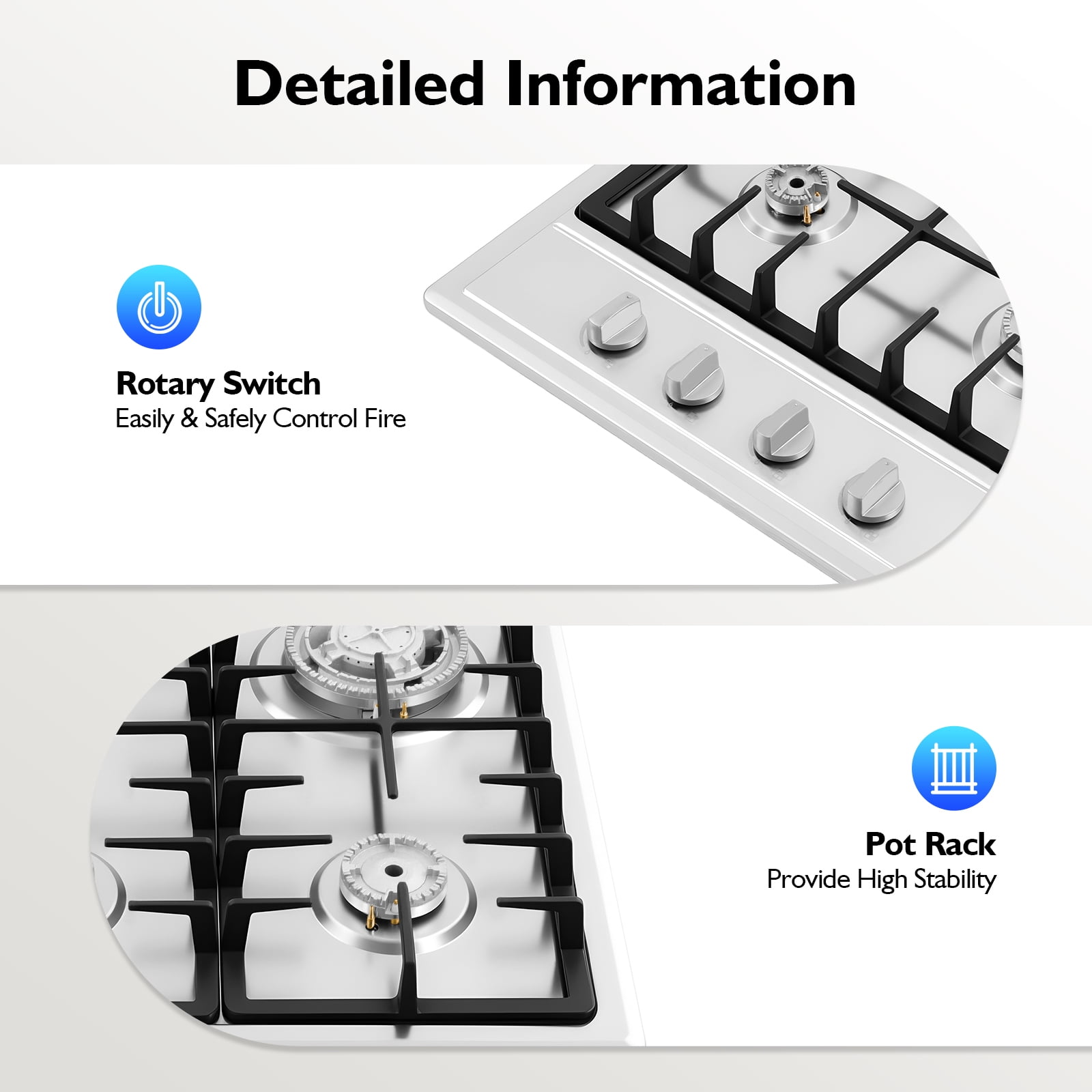 Built-In Gas Cooktop - 4 Burners, Stainless Steel, High-Powered (3KW Rapid Burner, 1.75KW Semi-Rapid, 1KW Auxiliary), Natural Gas/LPG