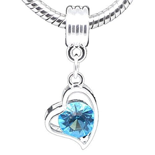 Sexy Sparkles Rhinestone Heart March Birthstone Spacer Bead Charm, Light Blue Heart Dangle- Zinc Based Alloy