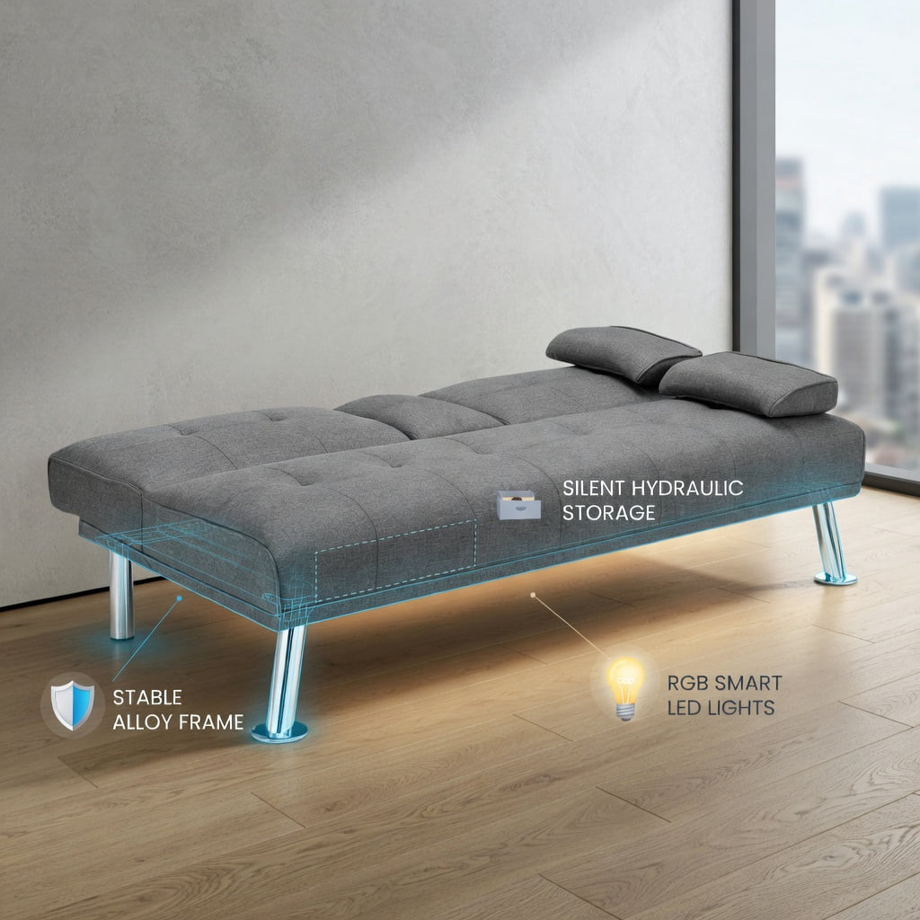Demi Bonn Fold Sofa Bed Couch, Futon Sleeper Chair Guest Bed and Fold Out Couch, Convertible Folding Futon Sofa Bed Fabric with 2 Cup Holders, for Living Room, Bedroom, Light Gray