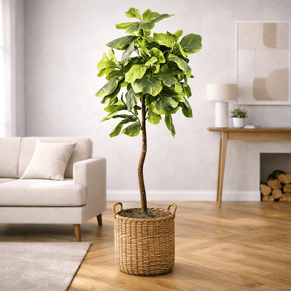 Artificial Tree, 5ft Fiddle Leaf Fig Tree in Handwoven Handled Basket, Fake Indoor Faux Tree for Living Room, Office, & Home Decor by LCG Florals