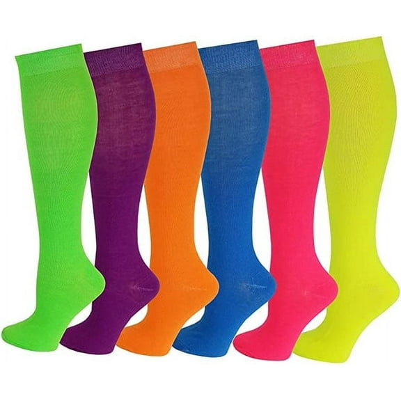6 Pairs Solid Neon Color Knee High Socks For Women