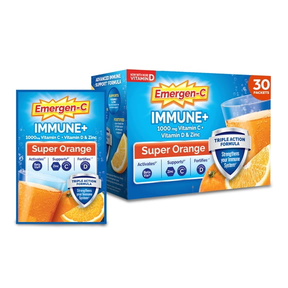 Emergen-C Immune  Triple Action Immune Support Powder, Betavia (R), 1000Mg Vitamin C, B
 Vitamins, Vitamin D and Antioxidants, Super Orange, Back to School Essentials – 30 Count