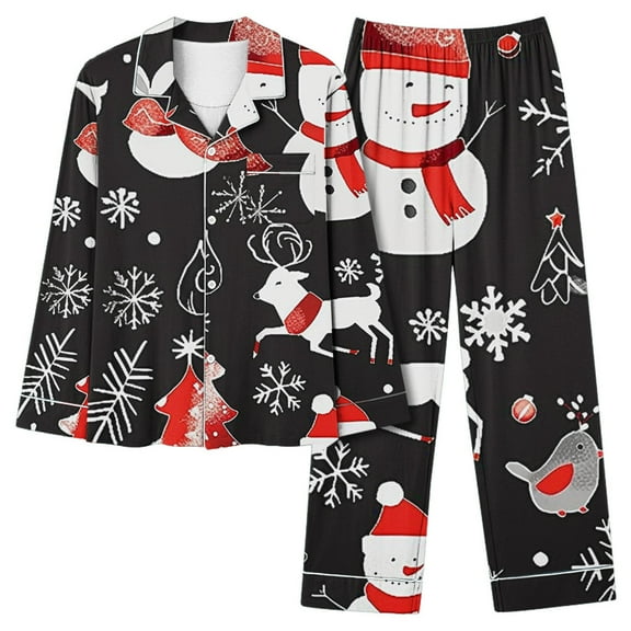 Lorytime Christmas Pajamas Set for Women Snowman Long Sleeved Collared Tops Elastic Waist Pants Festive Sleepwear