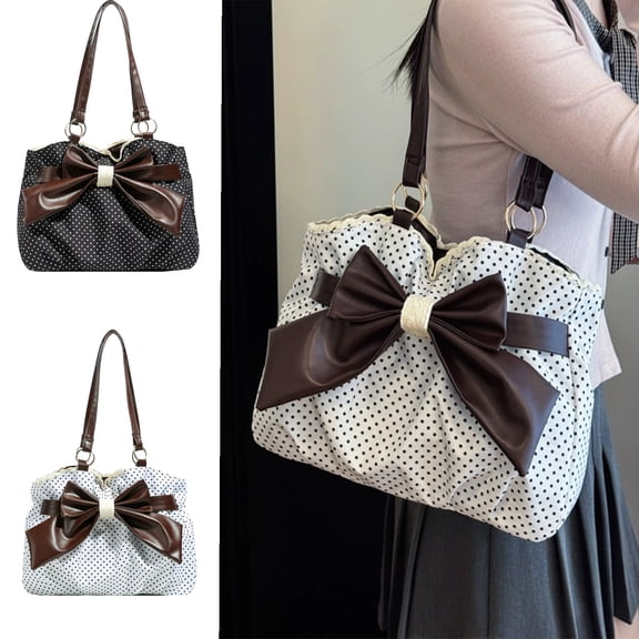 Trendy Polka Dot Bow Lace Tote Bag, Large Capacity Casual Handbag, Versatile Daily Carryall, Stylish Commute Accessory for Shopping Travel and Outdoor Leisure Use