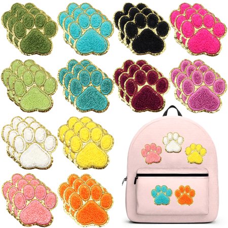 ZYNERY 36 PCS Self Adhesive Paw Print Patches, Paw Print Stickers Pet Cat Dog Footprint Appliques Iron on Sewing Chenille Patches Embroidery for Clothes Shoes Hat Bag Backpack Decor (12 Colors, Gold)