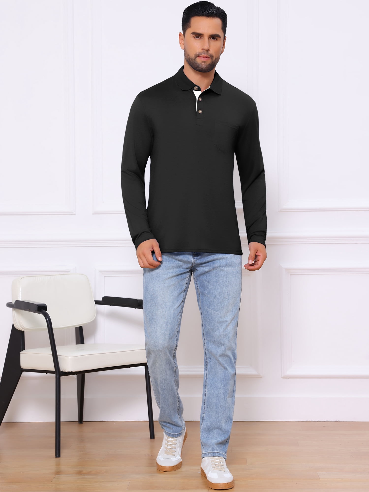 DARING DIVA Men's Contrast Button Collared Long Sleeves Golf Polo T-Shirts 2XL Black