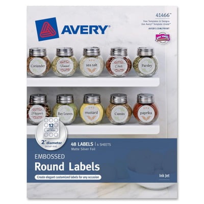 Avery Embossed Round Labels 41466, Matte Silver Foil, 2