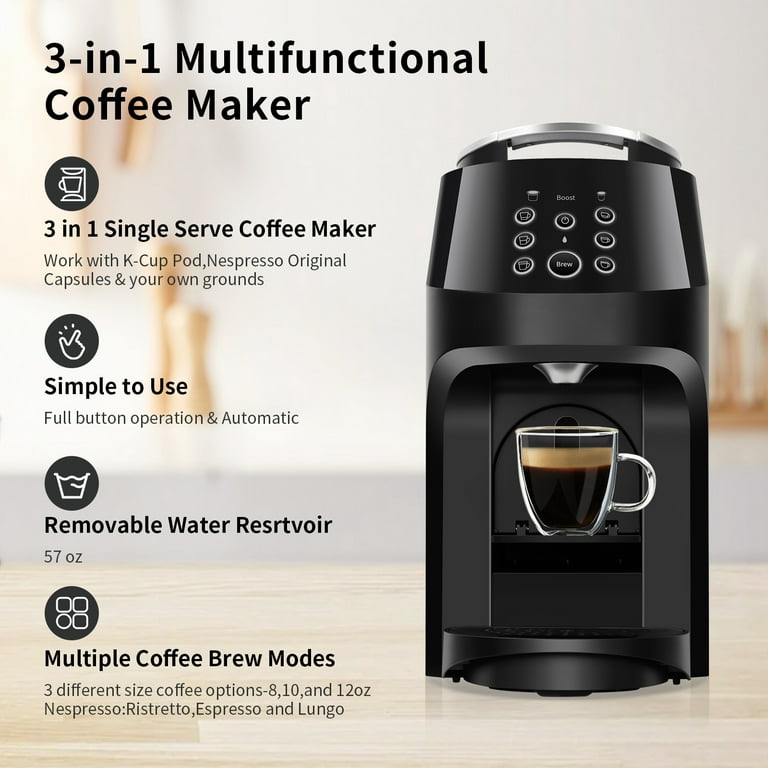 Coffee Machine for Nespresso, 3-in-1 Coffee Maker for Nespresso, K-Cup Pod  and Ground Coffee, Coffee and Espresso Machine Combo Compatible with 19 Bar