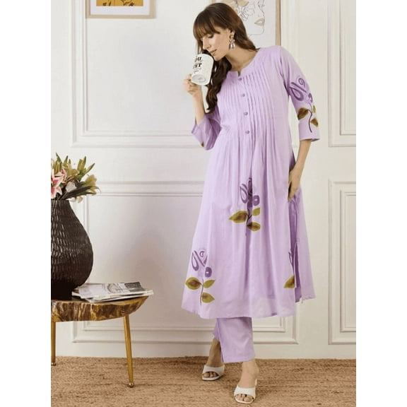 Women’s Lavender Floral Printed A-Line Kurta Set with Trousers, Pure Cotton Summer Wear, S-2XL