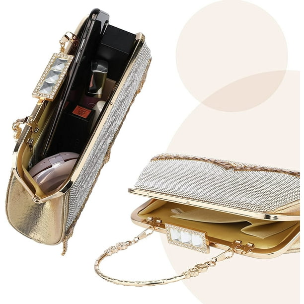 Shimmer Box Frame Hard Shell Clutch Evening Bag with Detachable Strap,  Party Wedding