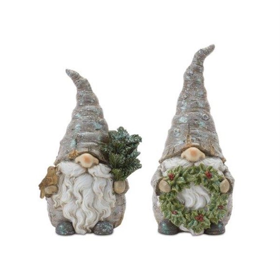 Melrose International Pine Tree Trunk Gnome with Wreath Accent (Set of 2)