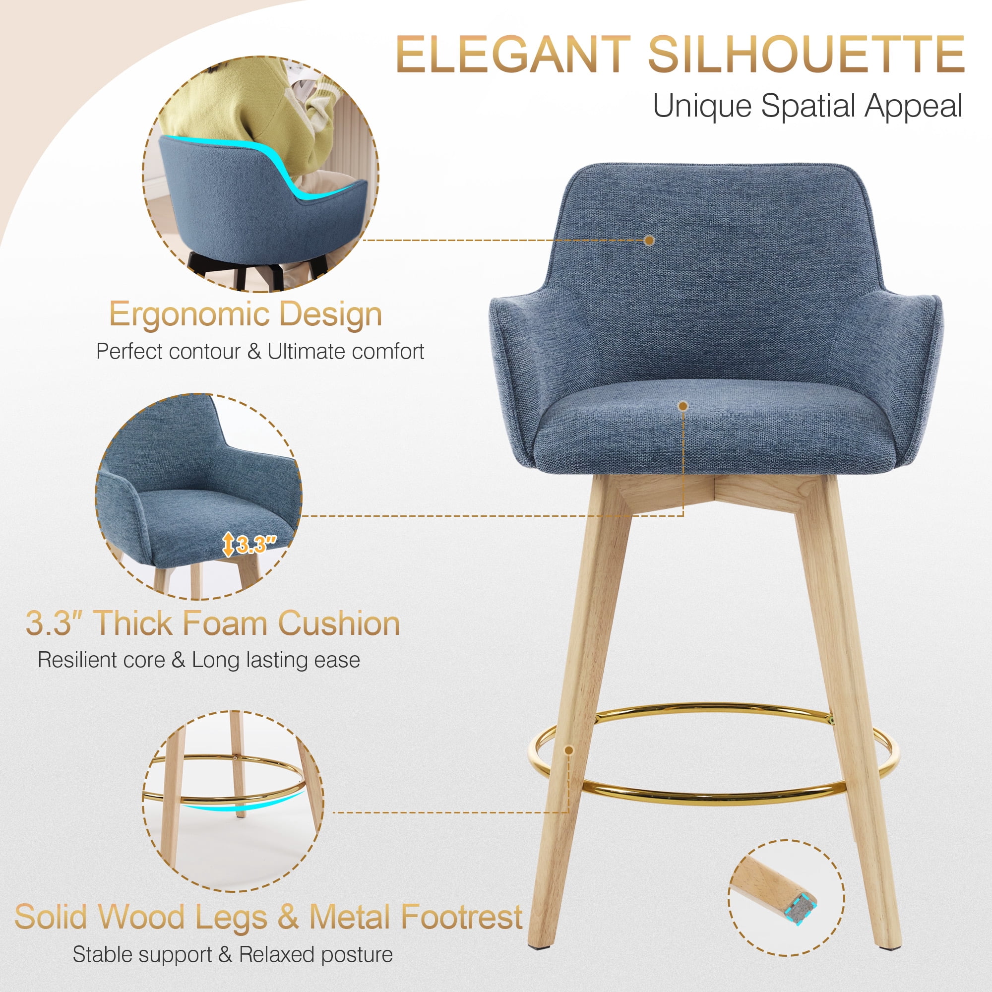 Zesthouse 25.8" Modern Bar Stools Counter Height, Swivel Single Bar Stool for Kitchen Island, Upholstered Linen Barstools with Barrel Back, Arms and Solid Wood Legs, Blue