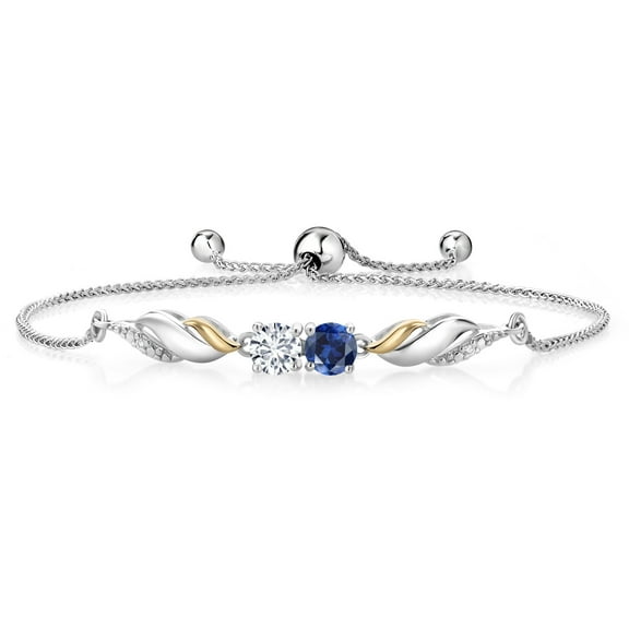 Gem Stone King 1.12 Ct Blue Created Sapphire E-F Lab Grown Diamond 925 Silver and 10K Yellow Gold Bracelet for Women