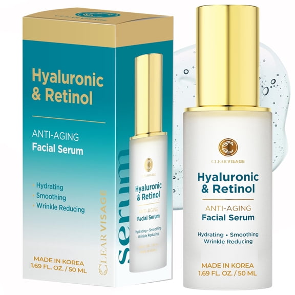 Clear Visage Hyaluronic Acid Serum For Face with Retinol - Dermatologist Tested, Anti Aging Korean Skin Care - Deep Hydration, Skin Firming, Wrinkle Support - Vegan, Clean Beauty - 1.69 Fl Oz