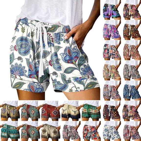 Trendfront Women's High Waisted Graphic Print Shorts Tie Waist Loose Fit Retro Casual Summer Vacation Bottoms for Women