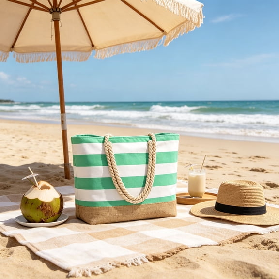 LEFXSMR Beach Bags for Women, Beach Bags Waterproof Sandproof with Striped Design, Portable Washable Tote Bag for Swim Pool & Outdoor Use, Green