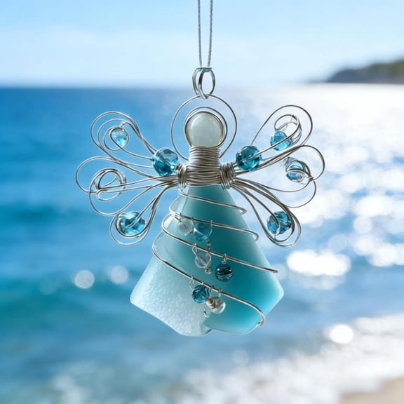 Handmade Sea Glass Angel Ornament - Christmas Sea Glass Ornaments, Coastal Christmas Tree Hanging Decor, Ocean-Inspired Xmas Pendant for Beach Lovers Holiday Decoration,Red