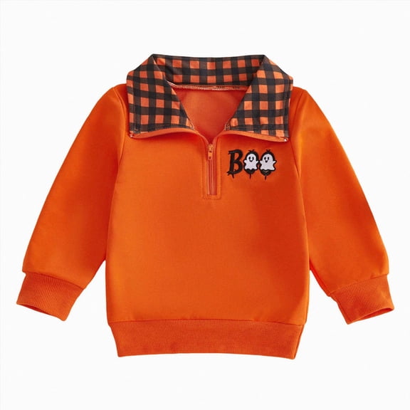 TOWED22 Toddler Boys Halloween Sweatshirts Kids Cotton Long Sleeve Crewneck Pullover Pumpkin Embroidered Checkered Shirts(Orange,18-24 M )
