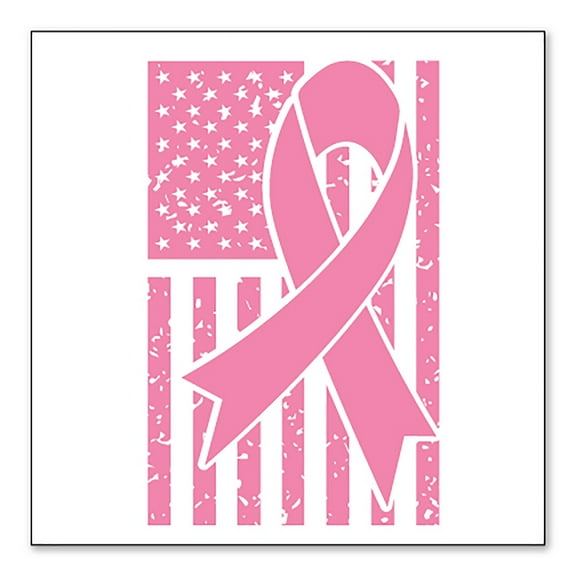 DistinctInk Custom Bumper Sticker - 4" x 4" Decorative Decal - White Background - Pink Ribbon Cancer - USA Flag