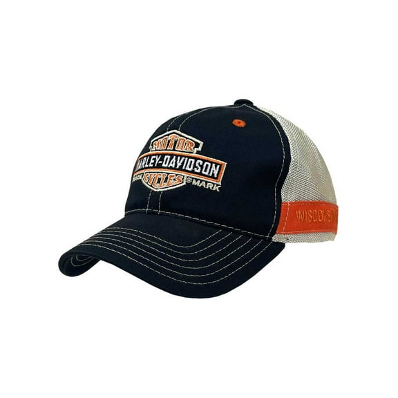 Harley-Davidson Men's Trademark B&S Curved Brim Colorblocked Mesh Trucker Cap, Harley Davidson