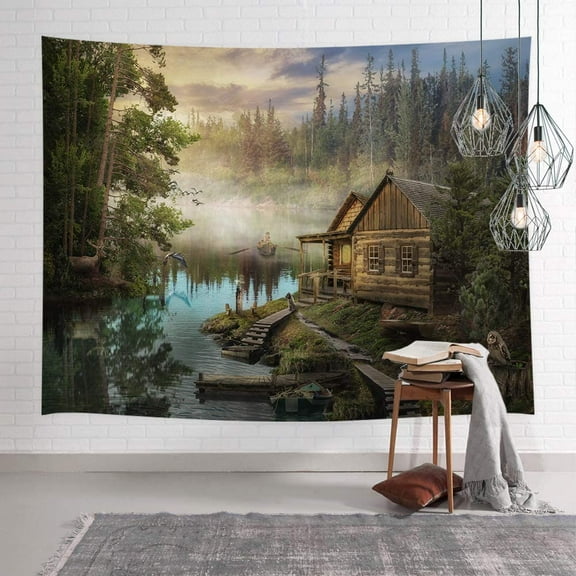 Natural Scenery Lake House Tapestry, Wooden Cabin with Pine Tree in Magic Forest Tapestry Wall Hanging, Wall Art for Bedroom Living Room Collage Dorm Home Decor Bedspread, 80" W X 60" H