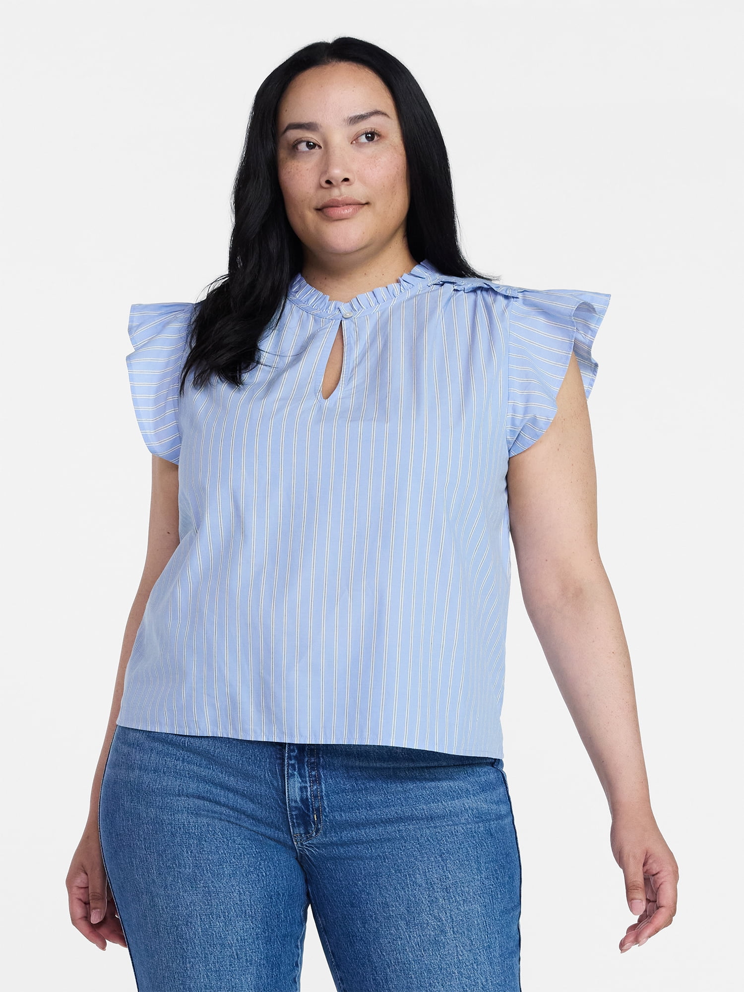 Time and Tru Women's Cotton Split Neck Top with Flutter Sleeves, Sizes XS-XXXL