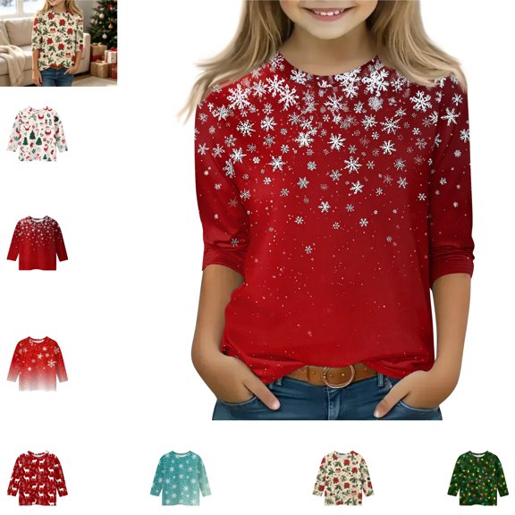 YOUYEDIAN Toddler Long Sleeve Top Versatile Christmas Print Soft Loose Fashion Crew Neck Blouse Casual Warm Breathable Comfy Outdoor Shirt