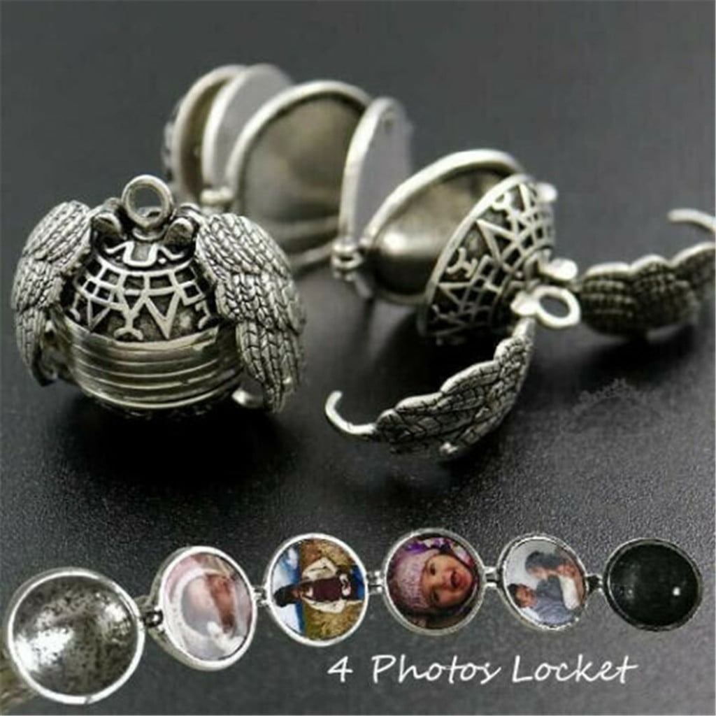 Expanding Photo Locket Necklace Heart Ball Locket with Angel Wings Picture Locket Necklace for Women Girls Kids 