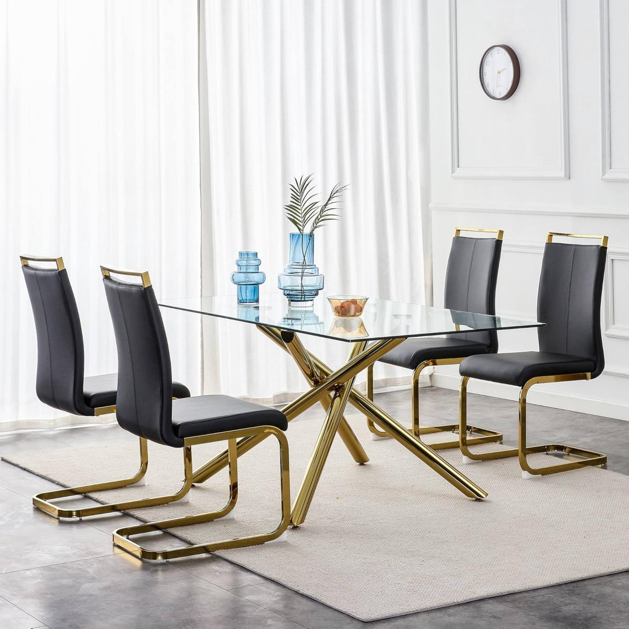 SUDICA Dining Chairs Set of 4, High Back PU Leather Side Chairs with Gold Metal Legs, Black