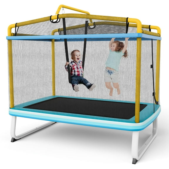 Gymax 3-in-1 6FT Rectangle Kids Trampoline w/ Swing Horizontal Bar & Safety Net Outdoor Yellow